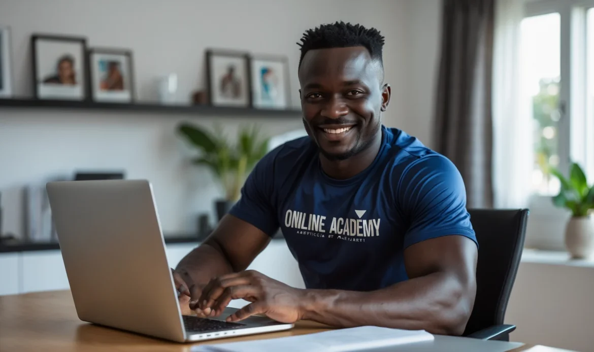 Formateur africain lançant son académie en ligne à sa marque sur son ordinateur