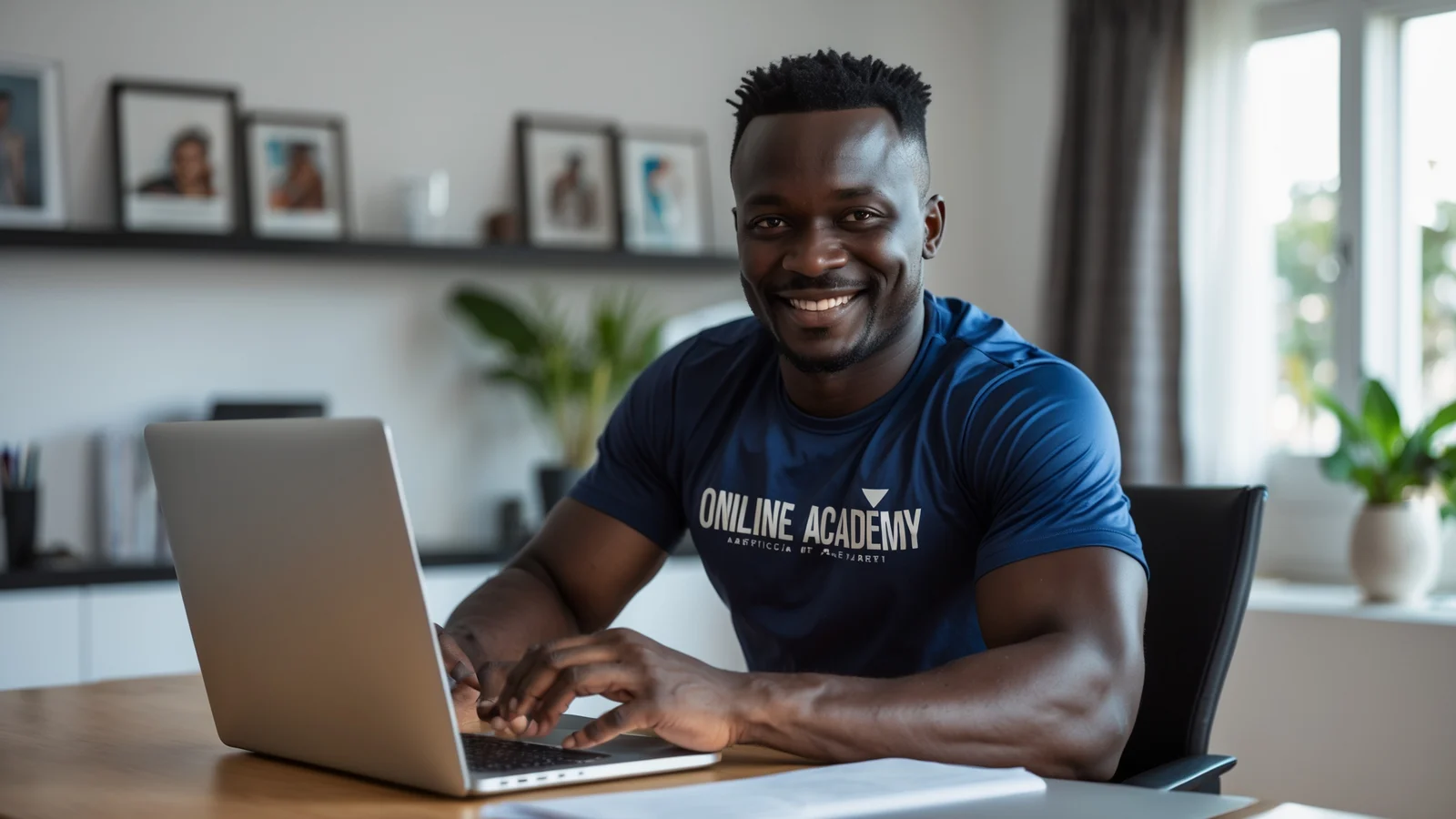 Formateur africain lançant son académie en ligne à sa marque sur son ordinateur Formateur africain lançant son académie en ligne à sa marque sur son ordinateur
