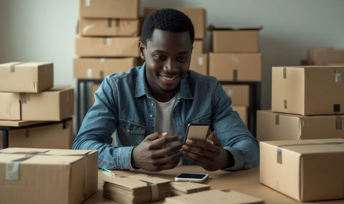 Jeune entrepreneur sénégalais gérant sa boutique en ligne depuis son téléphone dans son commerce