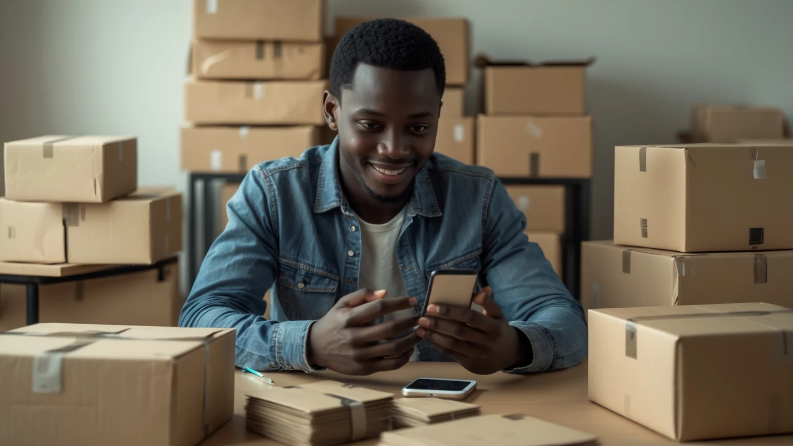 Jeune entrepreneur sénégalais gérant sa boutique en ligne depuis son téléphone dans son commerce