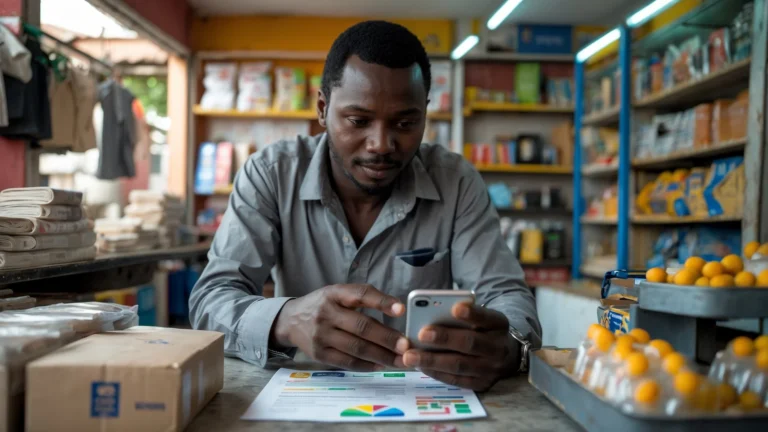 Commerçant sénégalais créant la fiche Google de son commerce sur son téléphone dans sa boutique
