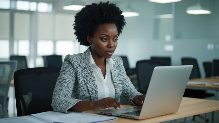 Formatrice africaine préparant un quiz d'évaluation en ligne pour ses apprenants sur son ordinateur
