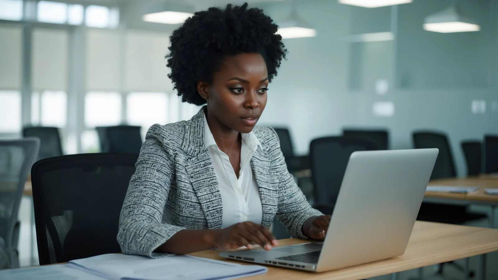 Formatrice africaine préparant un quiz d’évaluation en ligne pour ses apprenants sur son ordinateur Formatrice africaine préparant un quiz d'évaluation en ligne pour ses apprenants sur son ordinateur