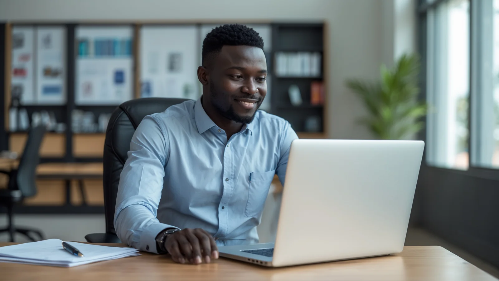 Dirigeant d'entreprise sénégalais consultant le nouveau site web de sa société sur un ordinateur portable