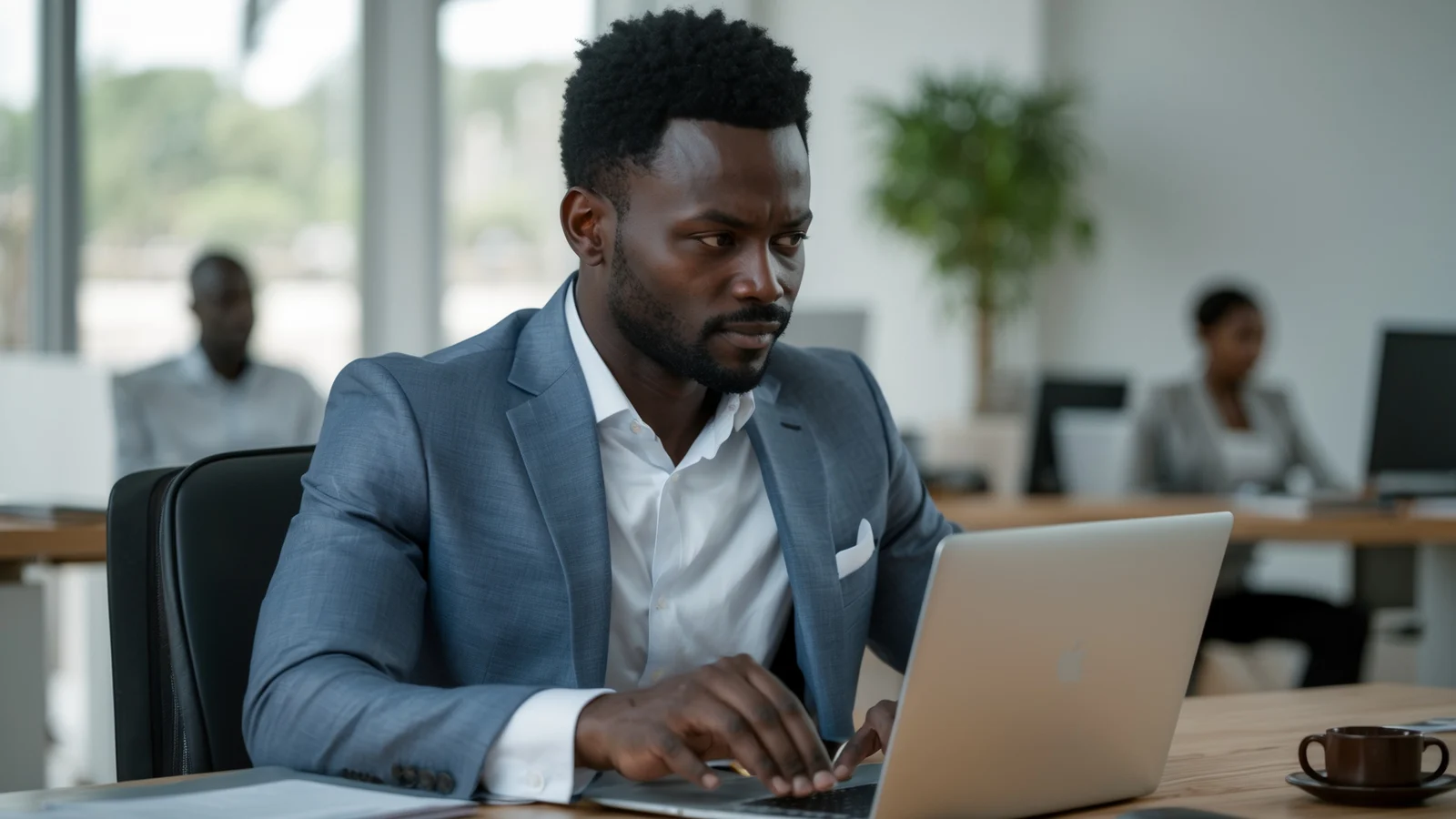 Dirigeant de TPE africaine comparant des solutions CRM sur son ordinateur portable