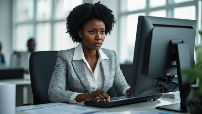 Commerciale sénégalaise gérant ses clients sur un tableur Excel et s'interrogeant devant son écran