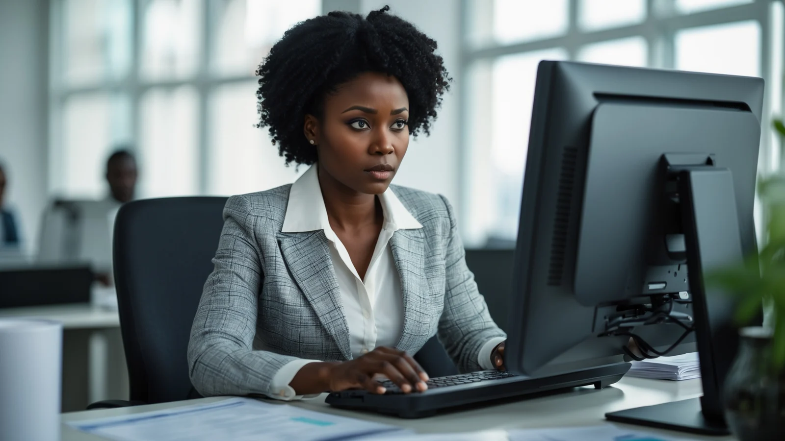 Commerciale sénégalaise gérant ses clients sur un tableur Excel et s’interrogeant devant son écran Commerciale sénégalaise gérant ses clients sur un tableur Excel et s'interrogeant devant son écran