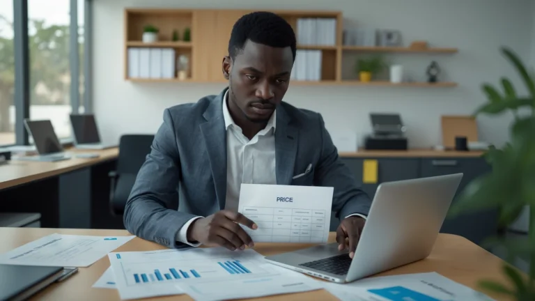 Gérant de PME sénégalaise préparant un devis pour un client sur son ordinateur