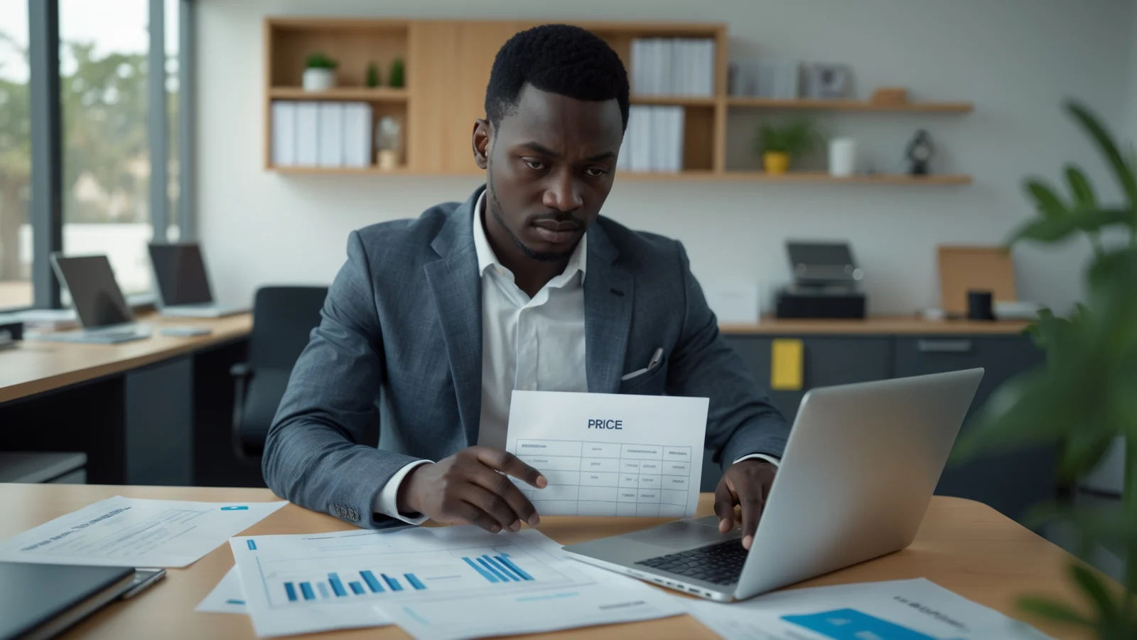 Gérant de PME sénégalaise préparant un devis pour un client sur son ordinateur Gérant de PME sénégalaise préparant un devis pour un client sur son ordinateur