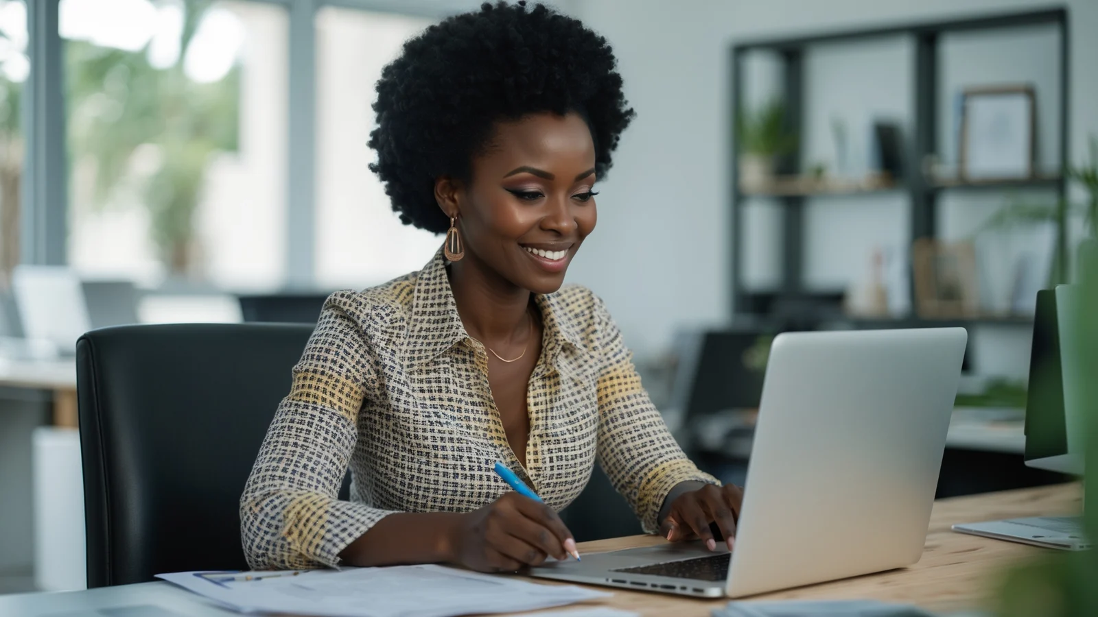 Entrepreneure africaine préparant sa newsletter pour ses clients sur son ordinateur Entrepreneure africaine préparant sa newsletter pour ses clients sur son ordinateur