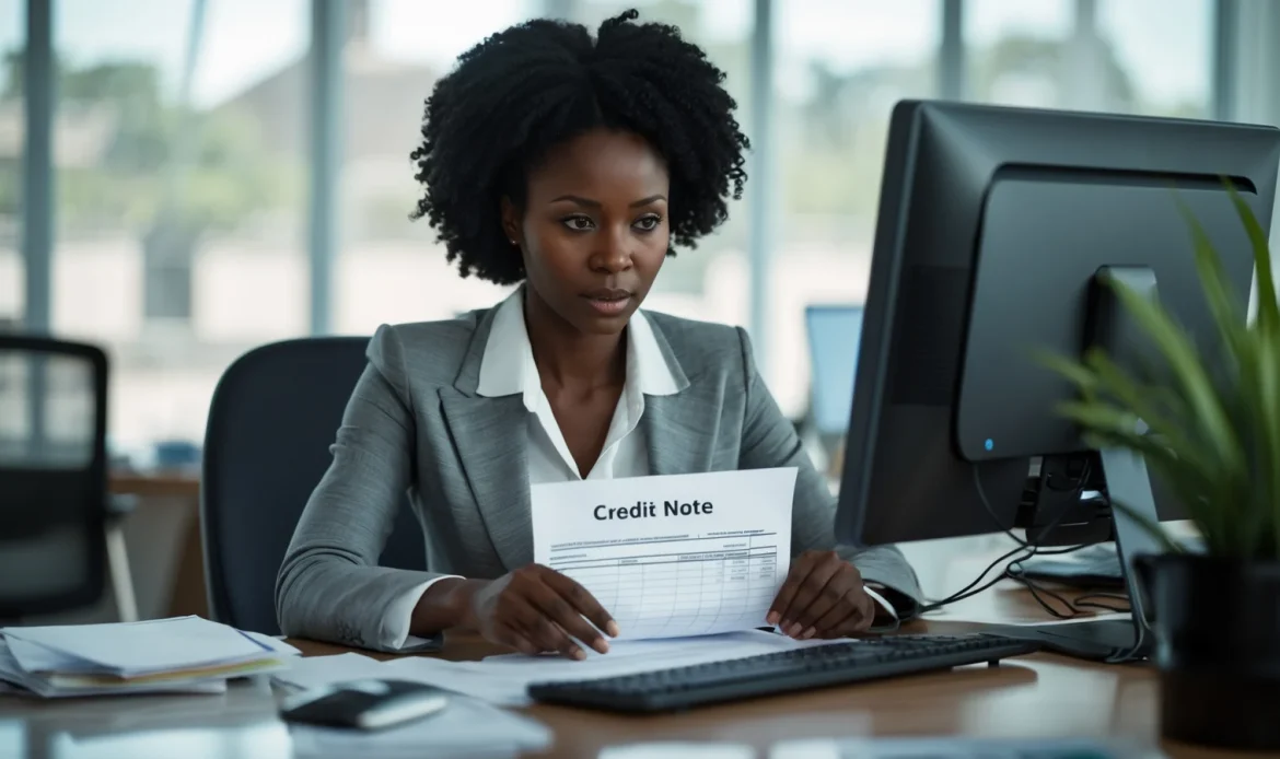 Comptable sénégalaise établissant une facture d'avoir pour un client sur son ordinateur