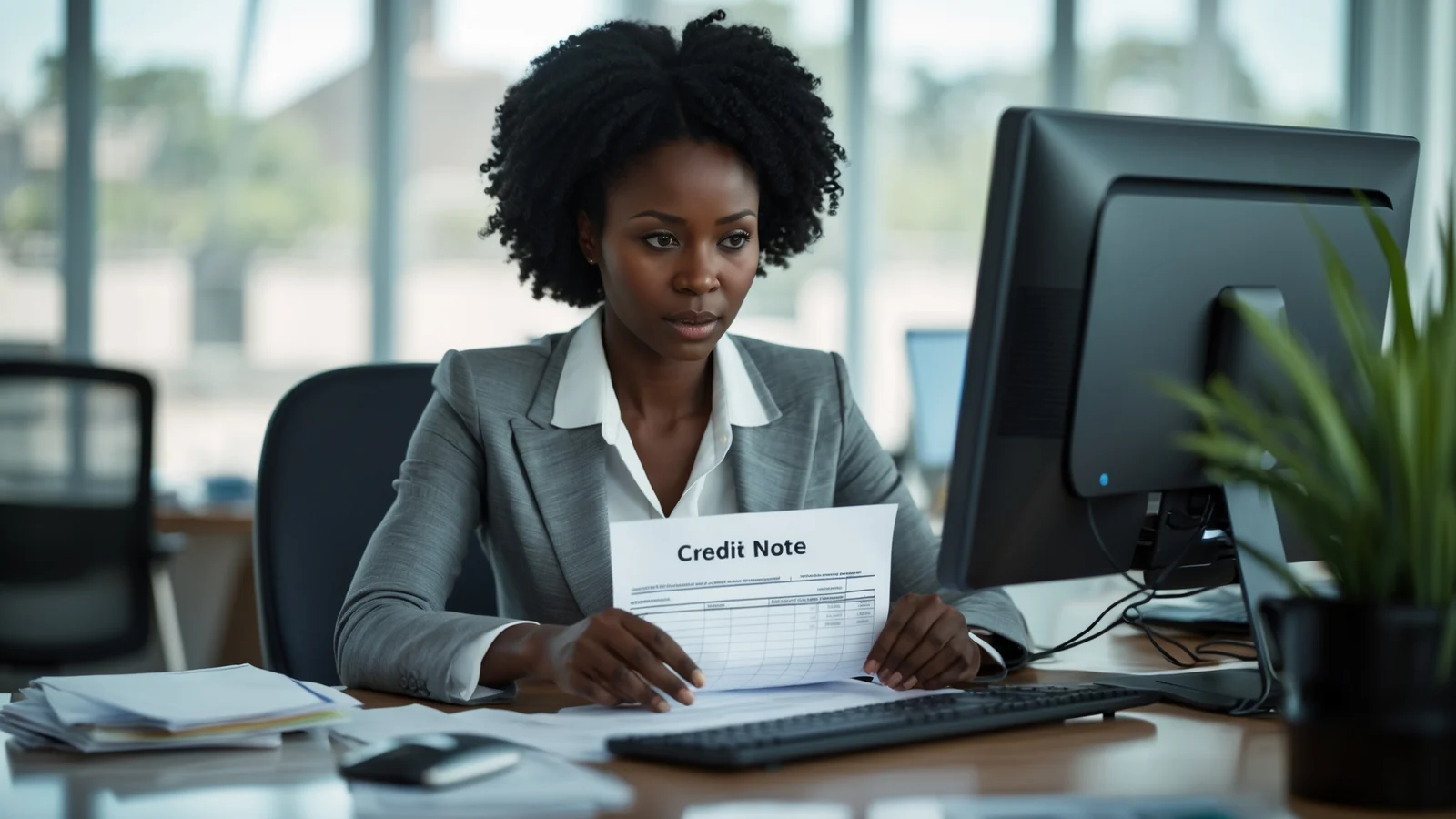 Comptable sénégalaise établissant une facture d'avoir pour un client sur son ordinateur