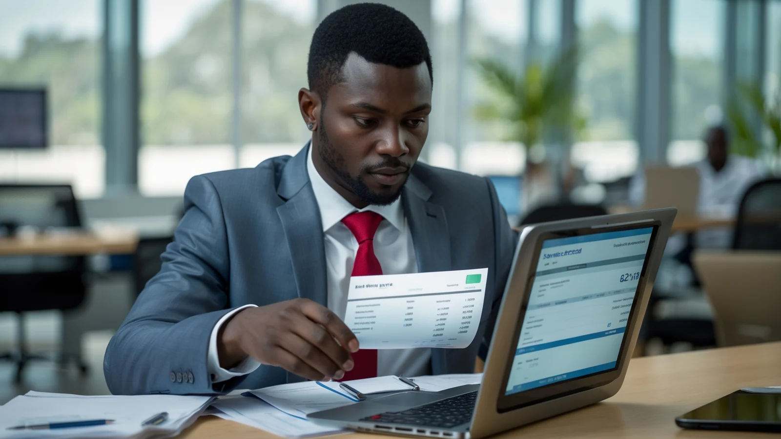 Dirigeant de PME sénégalaise consultant ses factures électroniques sur son ordinateur Dirigeant de PME sénégalaise consultant ses factures électroniques sur son ordinateur
