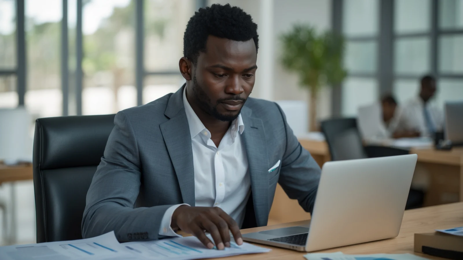 Gérant de PME sénégalaise éditant une facture proforma pour un client sur son ordinateur Gérant de PME sénégalaise éditant une facture proforma pour un client sur son ordinateur