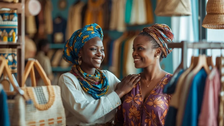 Commerçante sénégalaise accueillant chaleureusement une cliente fidèle dans sa boutique
