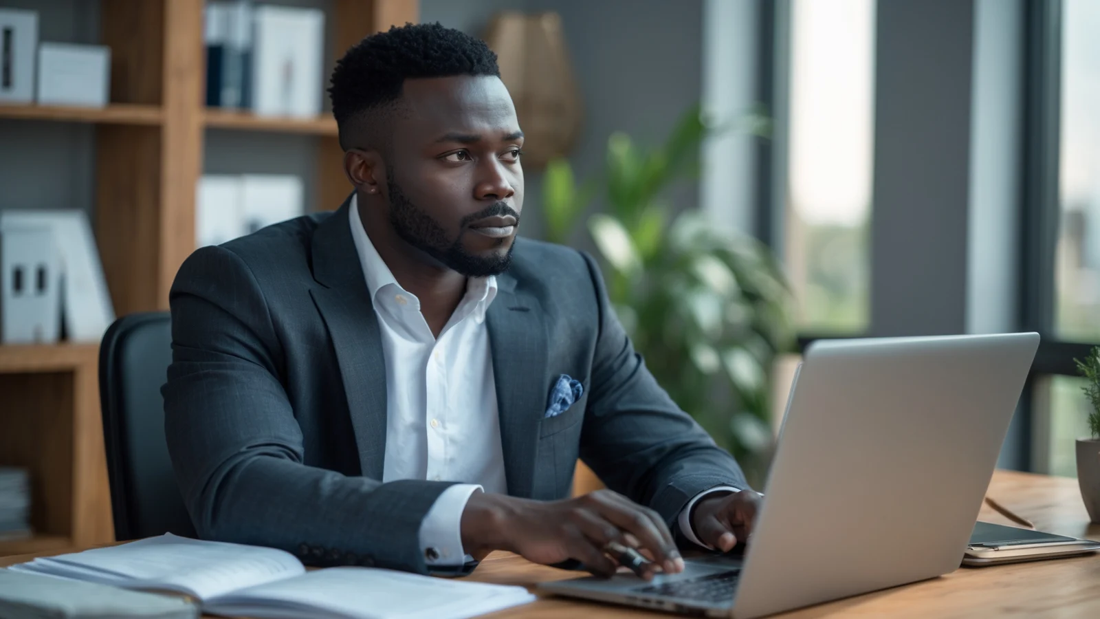 Formateur africain réfléchissant au prix de sa formation en ligne devant son ordinateur