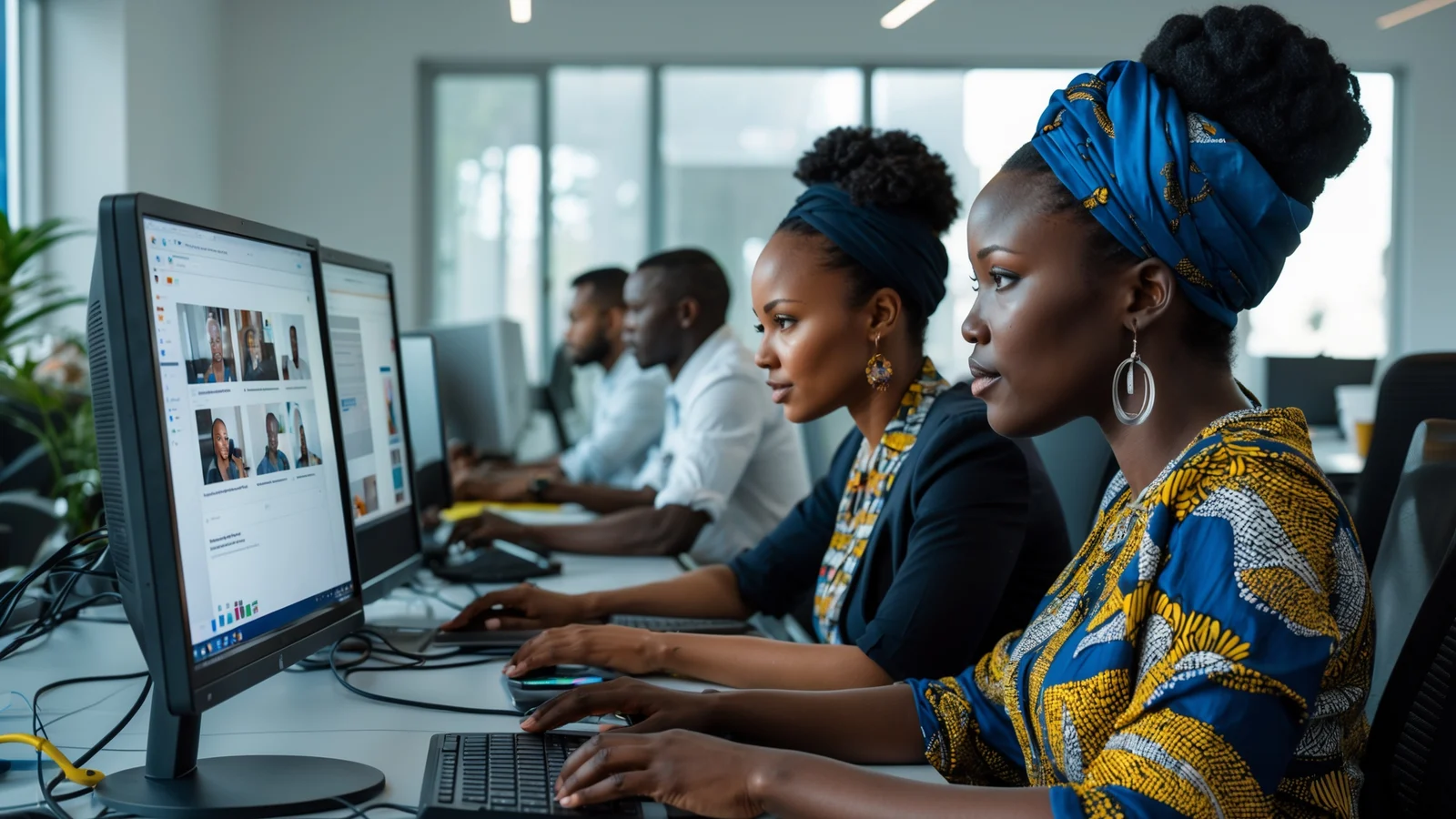 Employés d’une PME africaine suivant une formation en ligne sur leurs postes de travail Employés d'une PME africaine suivant une formation en ligne sur leurs postes de travail