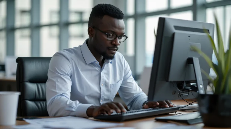 Responsable des achats d'une PME sénégalaise passant commande à un fournisseur sur son ordinateur