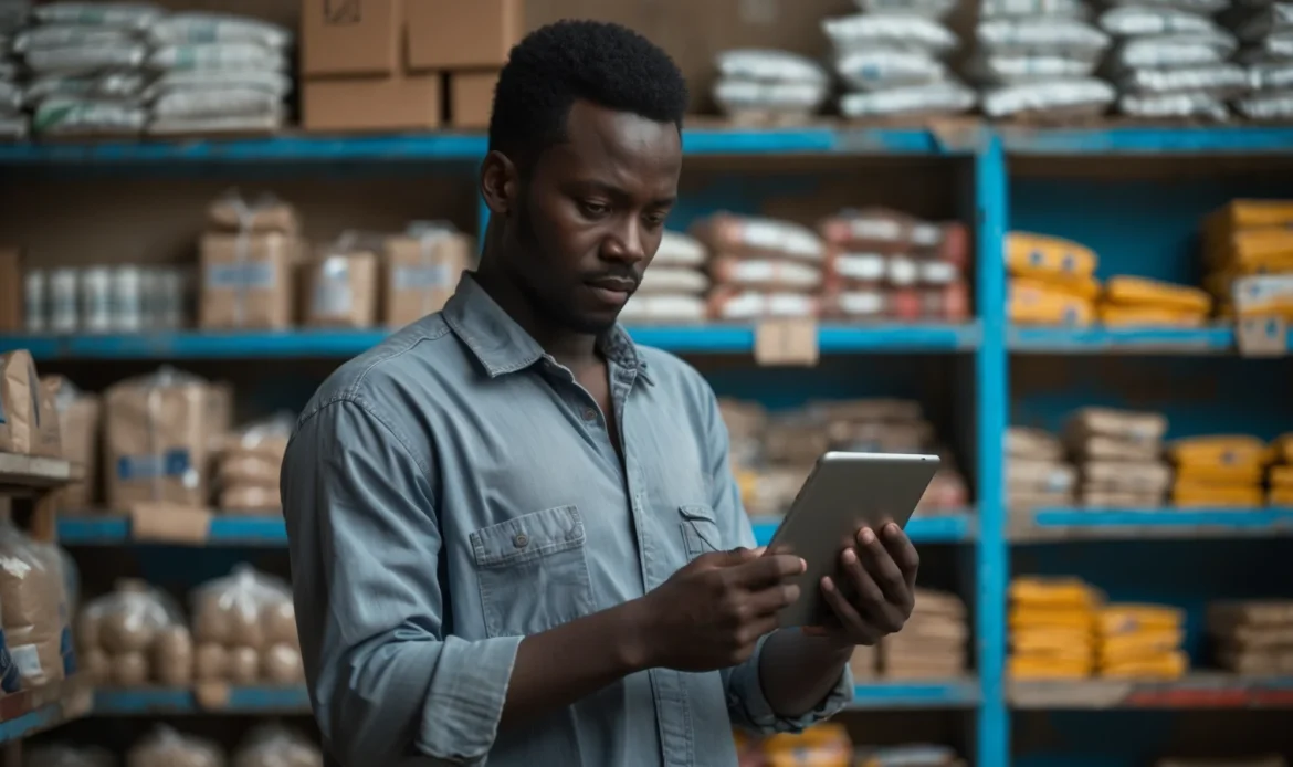 Commerçant sénégalais organisant et contrôlant le stock de sa boutique
