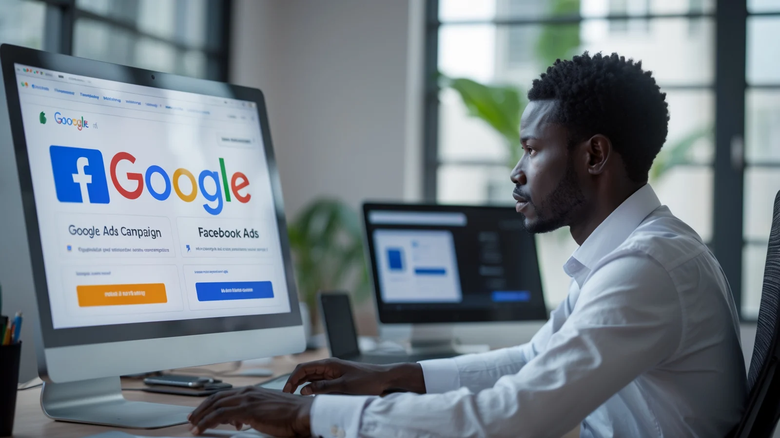 Gérant de PME sénégalaise comparant une campagne Google Ads et Facebook Ads sur son ordinateur Gérant de PME sénégalaise comparant une campagne Google Ads et Facebook Ads sur son ordinateur