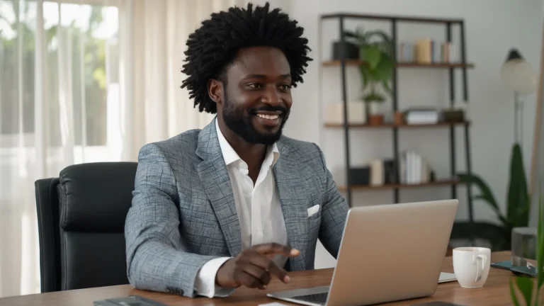 Coach africain accompagnant un client en visioconférence depuis son bureau