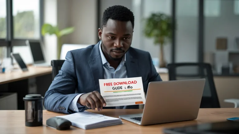 Entrepreneur africain préparant un guide gratuit à offrir pour attirer des prospects