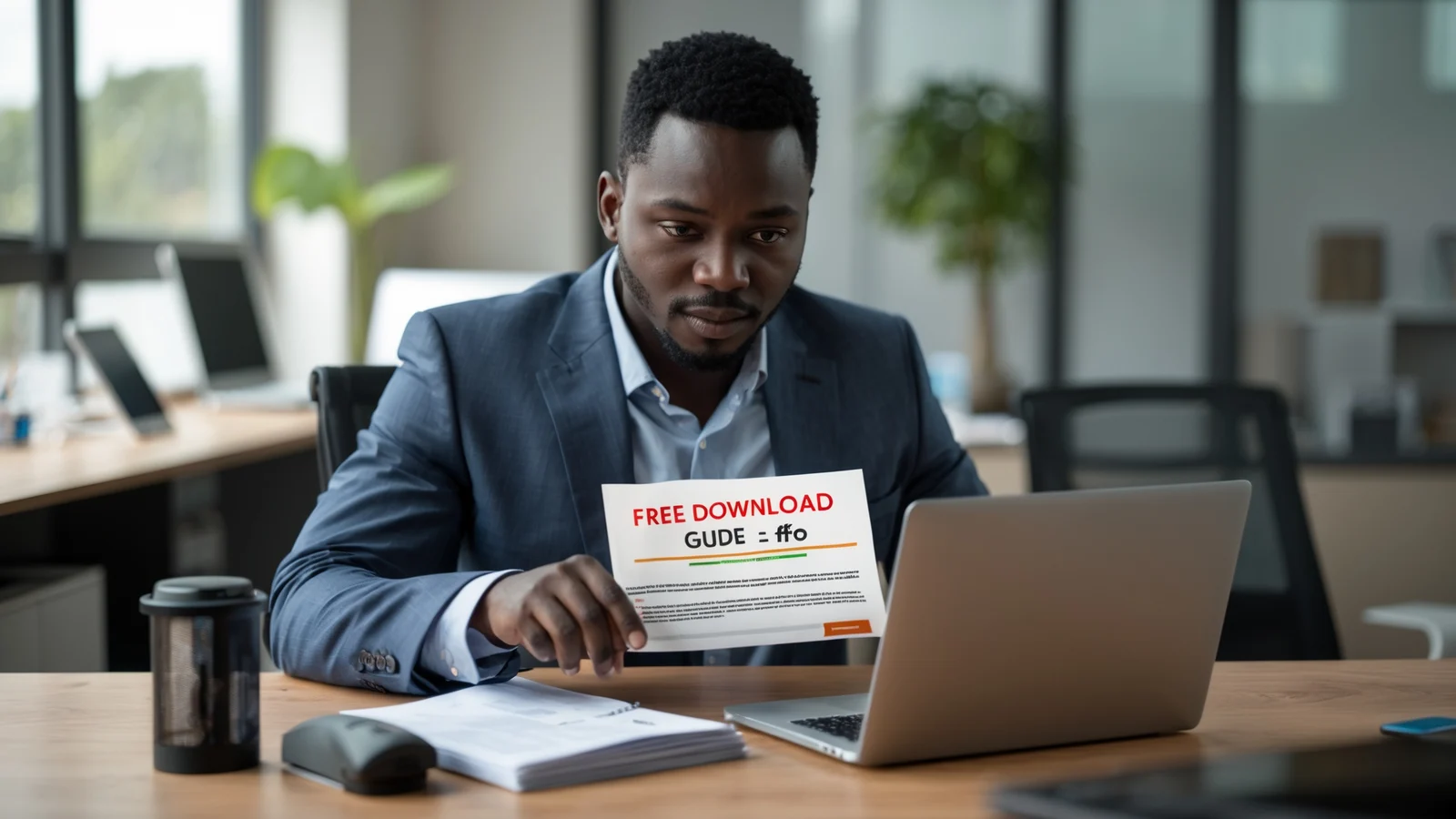 Entrepreneur africain préparant un guide gratuit à offrir pour attirer des prospects