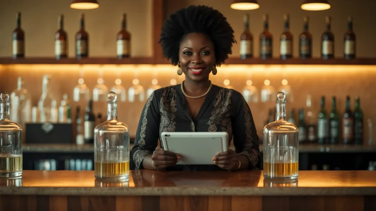 Gérante sénégalaise d'un bar-lounge encaissant et suivant son stock de boissons sur tablette