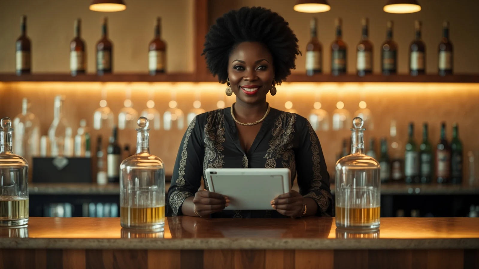 Gérante sénégalaise d'un bar-lounge encaissant et suivant son stock de boissons sur tablette