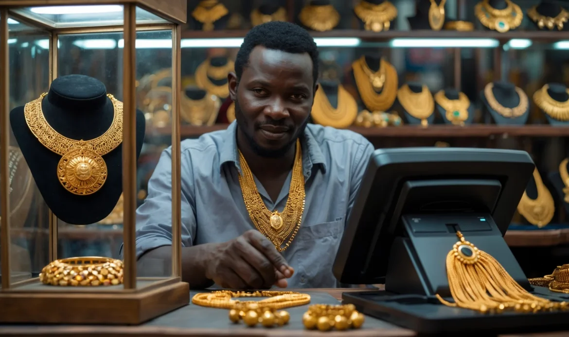 Bijoutier sénégalais présentant un bijou en vitrine et enregistrant la vente sur sa caisse