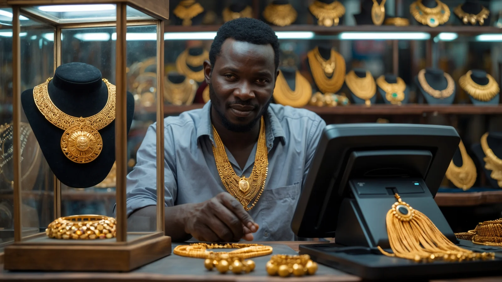 Bijoutier sénégalais présentant un bijou en vitrine et enregistrant la vente sur sa caisse Bijoutier sénégalais présentant un bijou en vitrine et enregistrant la vente sur sa caisse