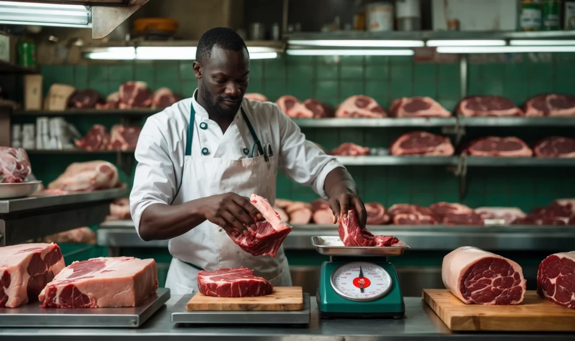 Boucher sénégalais pesant de la viande au comptoir de sa boucherie avec une caisse