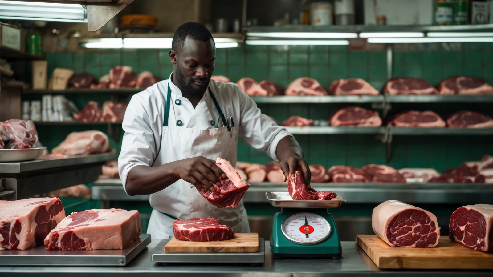 Boucher sénégalais pesant de la viande au comptoir de sa boucherie avec une caisse
