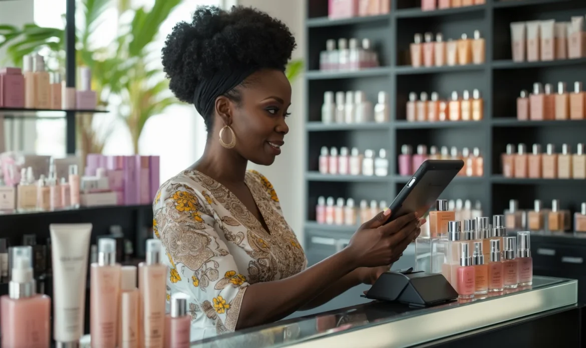 Vendeuse d'une boutique de cosmétiques à Dakar encaissant une cliente avec une tablette de caisse