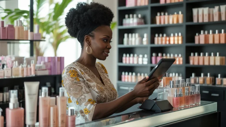 Vendeuse d'une boutique de cosmétiques à Dakar encaissant une cliente avec une tablette de caisse