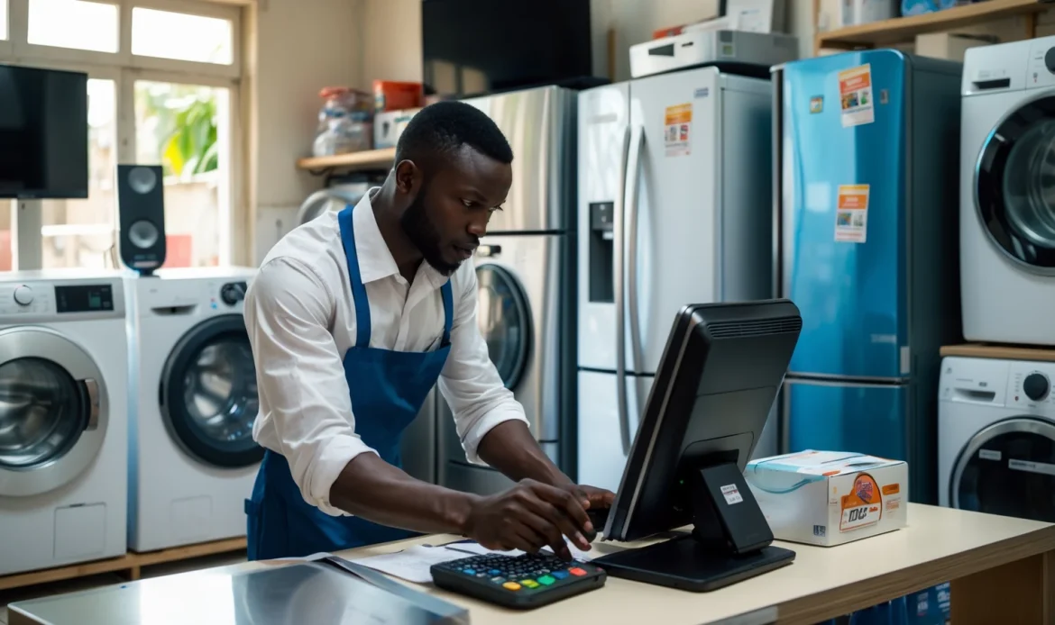 Vendeur d'un magasin d'électroménager à Dakar enregistrant la vente d'un réfrigérateur avec sa caisse