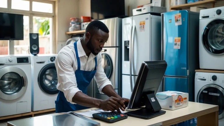Vendeur d'un magasin d'électroménager à Dakar enregistrant la vente d'un réfrigérateur avec sa caisse