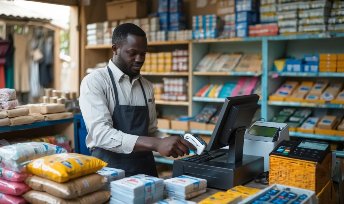 Commerçant sénégalais encaissant une vente sur une caisse reliée à sa gestion de stock