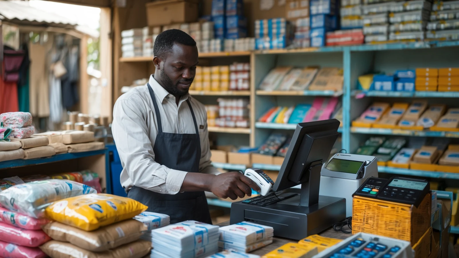 Commerçant sénégalais encaissant une vente sur une caisse reliée à sa gestion de stock Commerçant sénégalais encaissant une vente sur une caisse reliée à sa gestion de stock