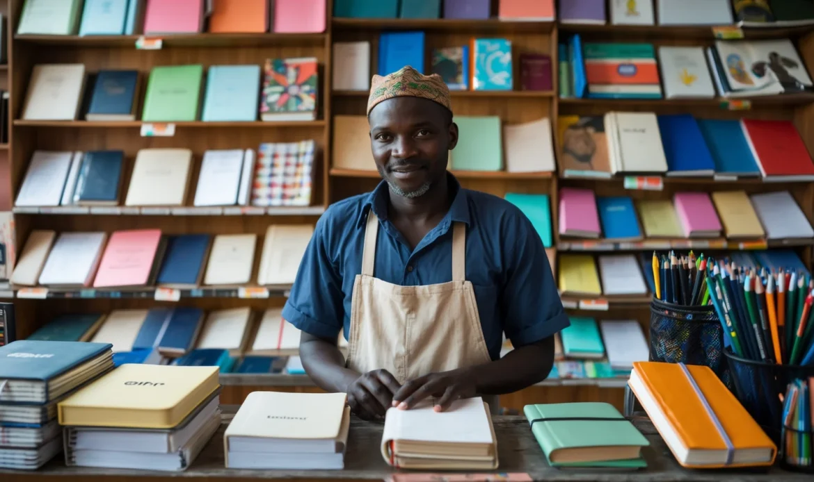 Gérant d'une librairie-papeterie à Dakar encaissant un client au comptoir au milieu des rayons