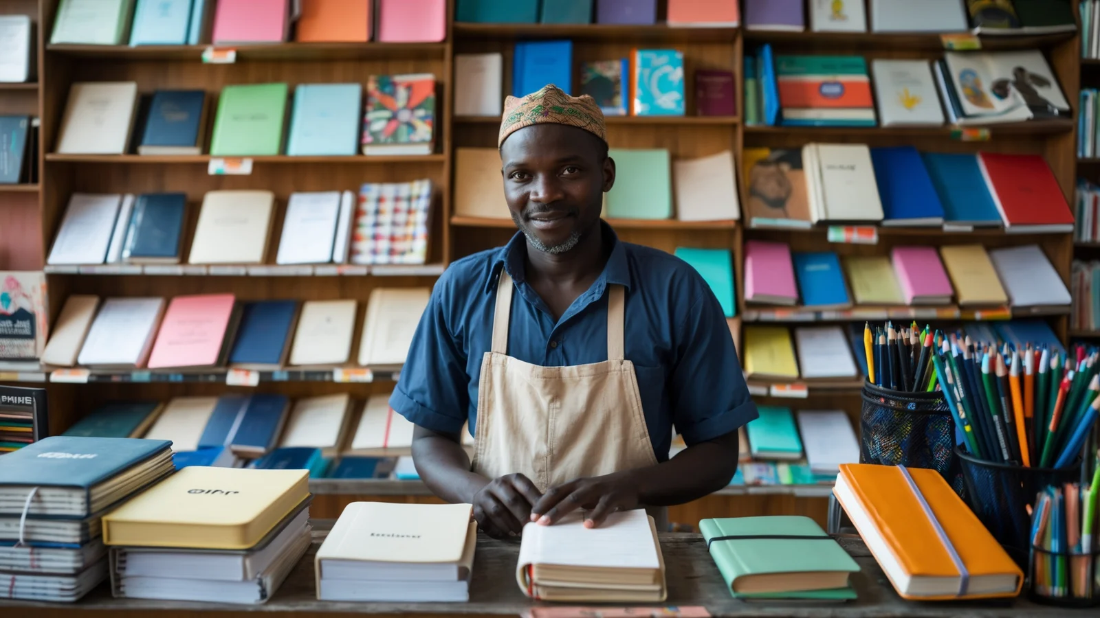 Gérant d'une librairie-papeterie à Dakar encaissant un client au comptoir au milieu des rayons
