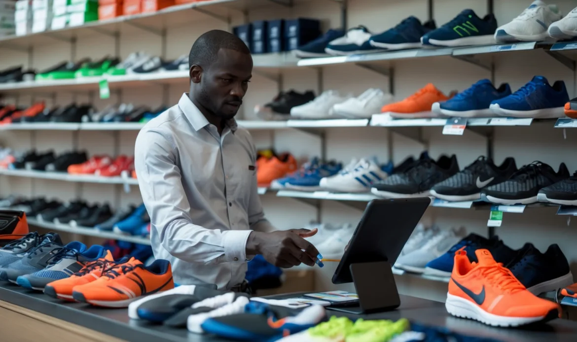 Vendeur d'un magasin d'articles de sport à Dakar encaissant un client au comptoir avec une tablette