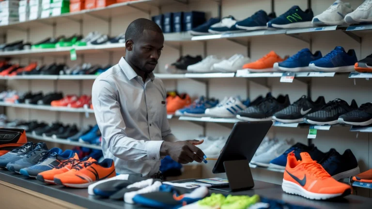 Vendeur d'un magasin d'articles de sport à Dakar encaissant un client au comptoir avec une tablette