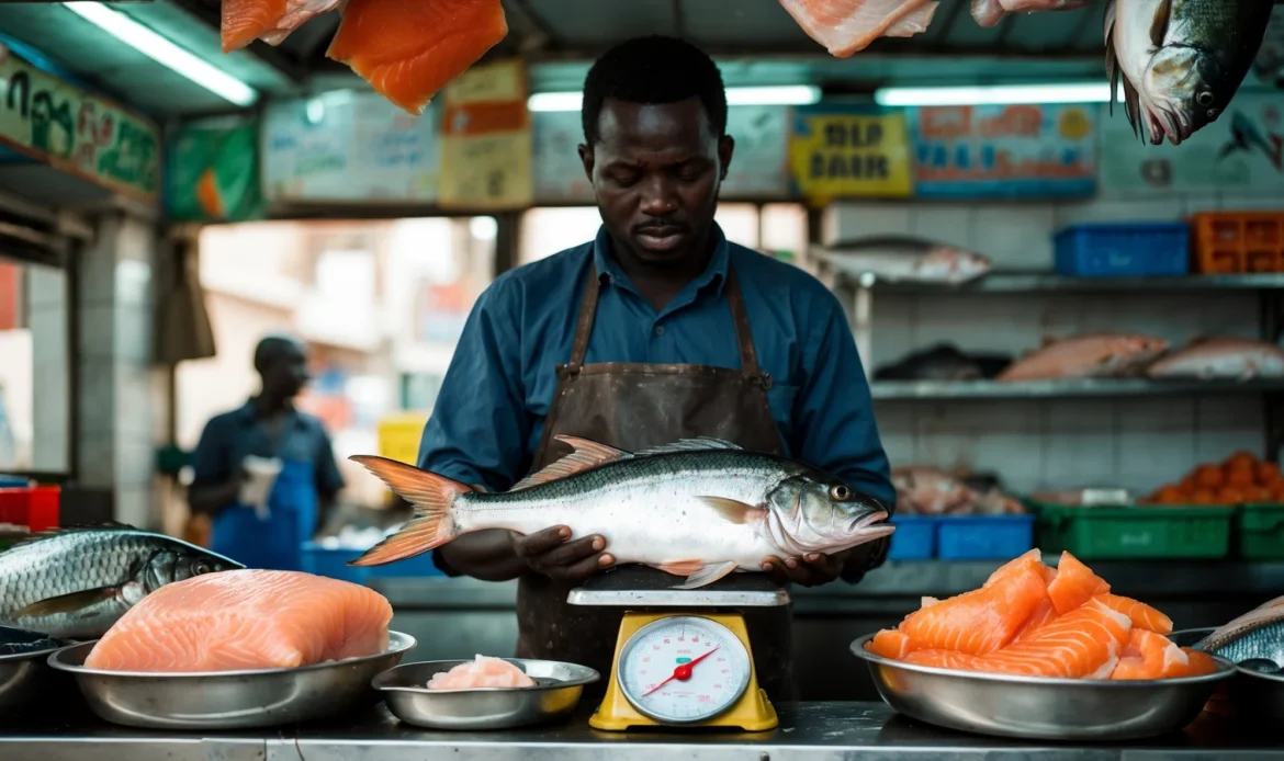 Poissonnier sénégalais pesant du poisson frais au comptoir de sa poissonnerie avec une caisse