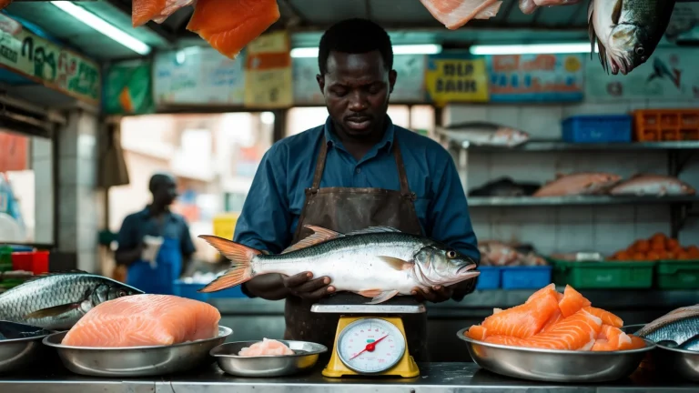 Poissonnier sénégalais pesant du poisson frais au comptoir de sa poissonnerie avec une caisse