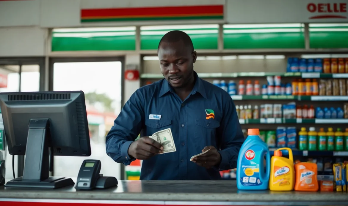 Gérant d'une station-service sénégalaise encaissant un client à la boutique avec sa caisse