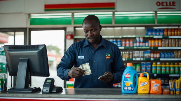 Gérant d'une station-service sénégalaise encaissant un client à la boutique avec sa caisse