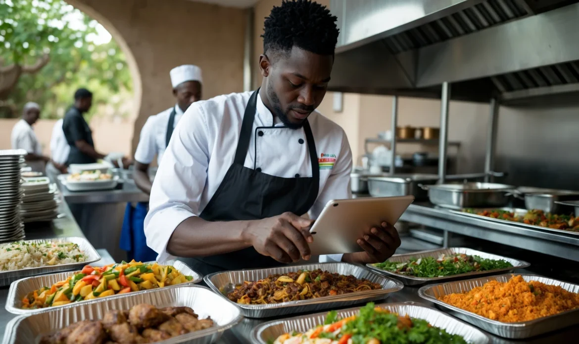 Traiteur sénégalais préparant une commande d'évènement et vérifiant son devis sur une tablette