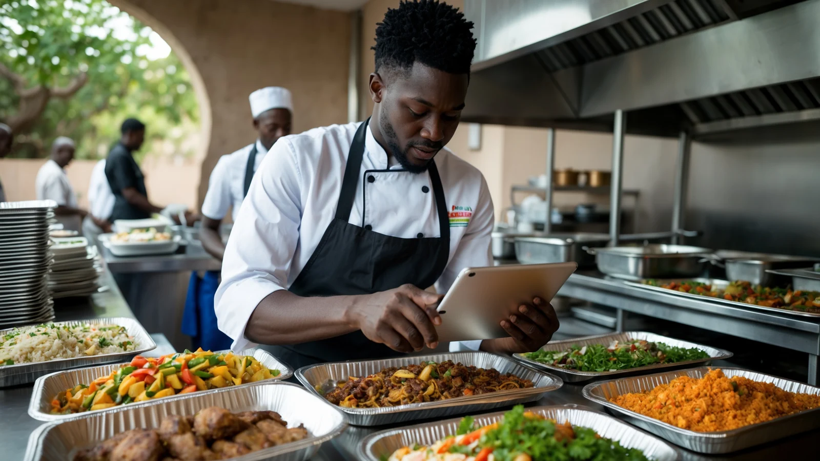 Traiteur sénégalais préparant une commande d'évènement et vérifiant son devis sur une tablette