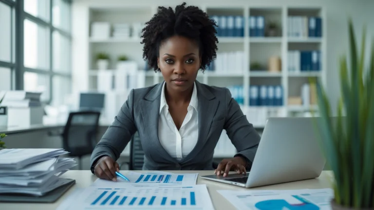 Comptable de PME en Afrique de l'Ouest travaillant sur la comptabilité SYSCOHADA à l'ordinateur